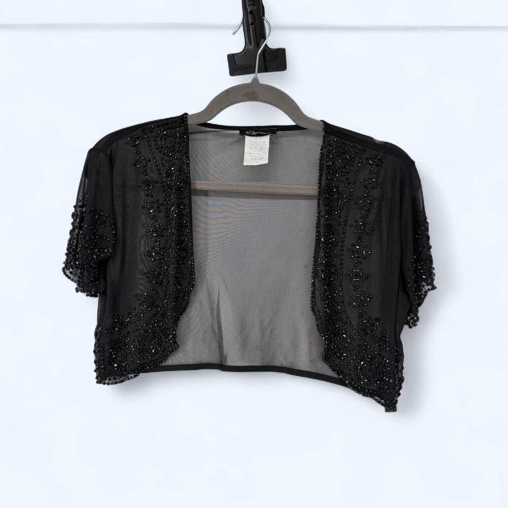 Sheer Black Beaded Mesh Shrug Bolero Cropped Short Sleeve Evening Jacket c. 1998